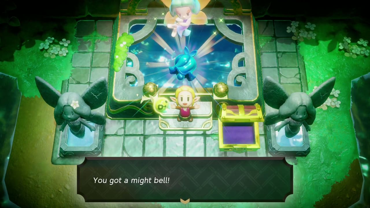 Zelda holds up the Might Bell, the Great Fairy's reward for delivering the pendant. Zelda holds up the Might Bell, the Great Fairy's reward for delivering the pendant.