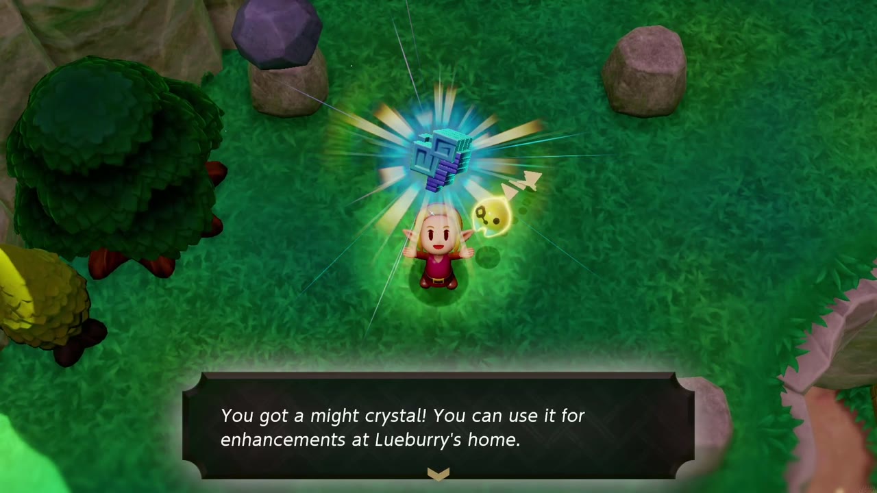 Zelda holds a might crystal overhead in a grassy hollow with stumps and a purple boulder in Eastern Hyrule Field.