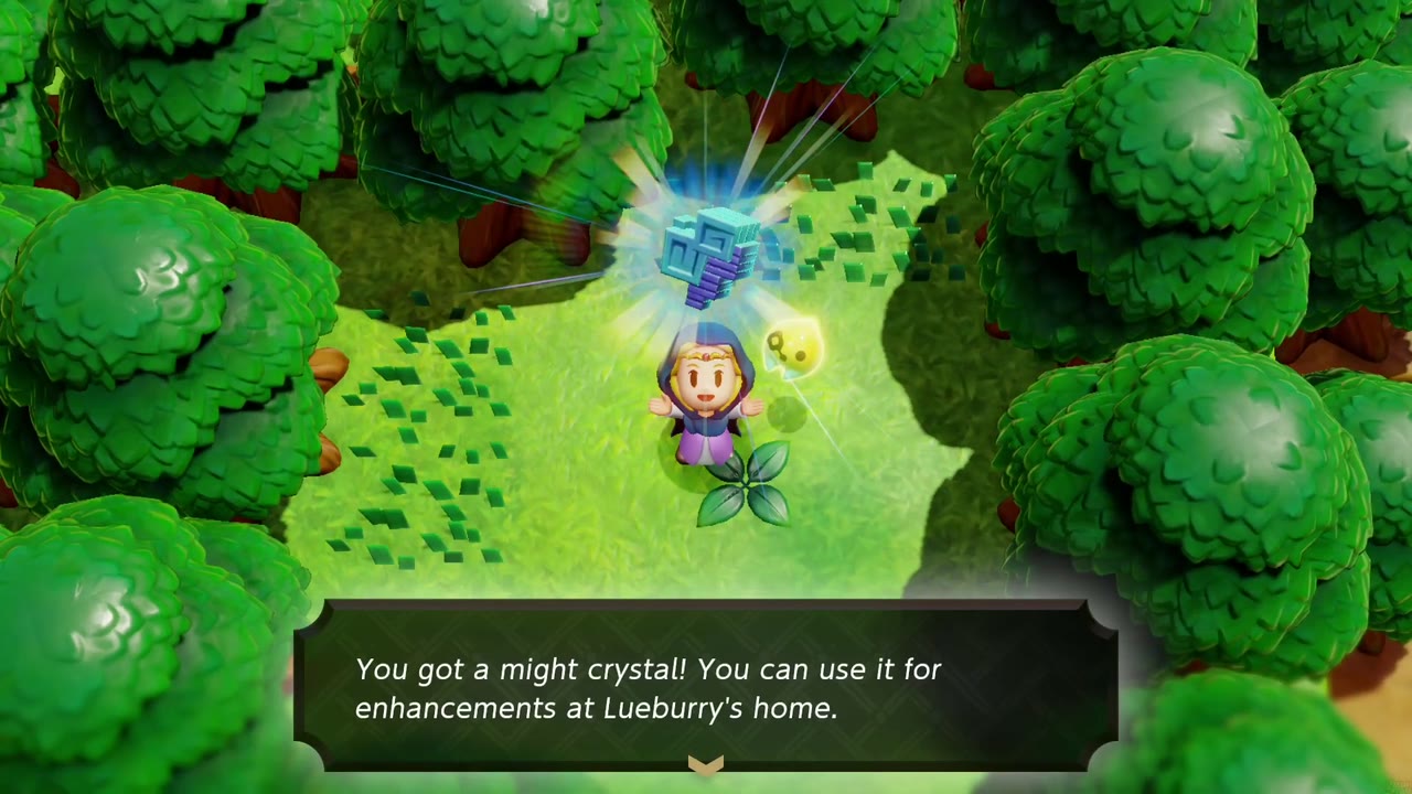 Zelda raises a might crystal in a small grassy clearing walled in by dense trees, with the reward text box open