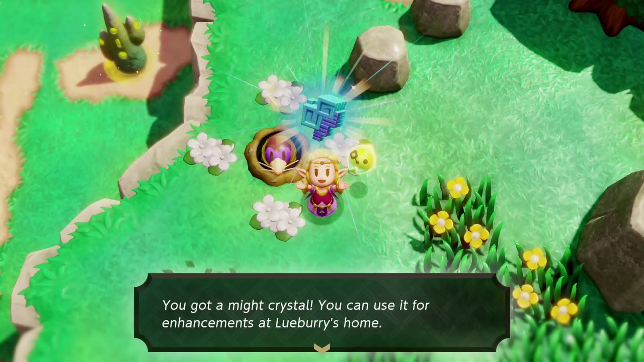 Zelda holds up a might crystal beside a Holmill's dug-up hole on a grassy clifftop in Eastern Hyrule Field