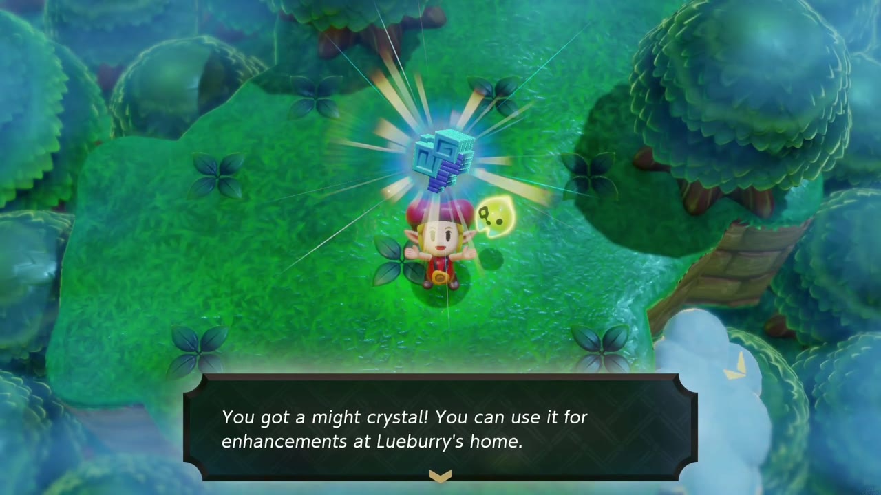 Zelda holds up a might crystal on a raised, clover-dotted grass ledge among the round trees of the misty Eternal Forest