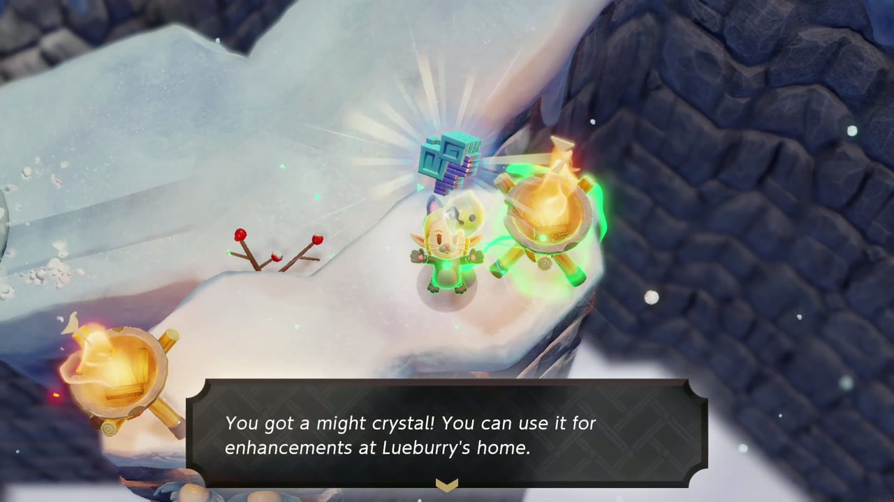 Zelda holds a might crystal overhead beside lit braziers on a snowy Hebra Mountain terrace