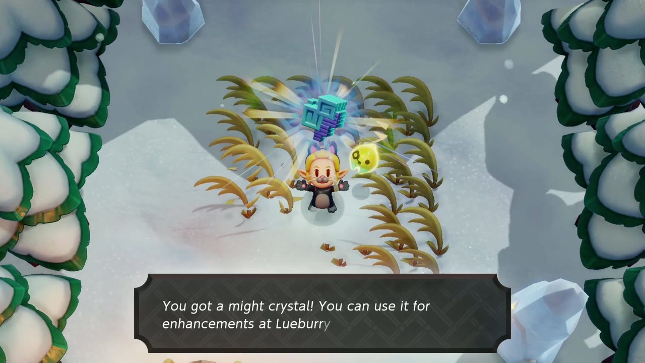 Zelda holds a might crystal overhead among tall dry grass in a snowy pine clearing on Hebra Mountain.
