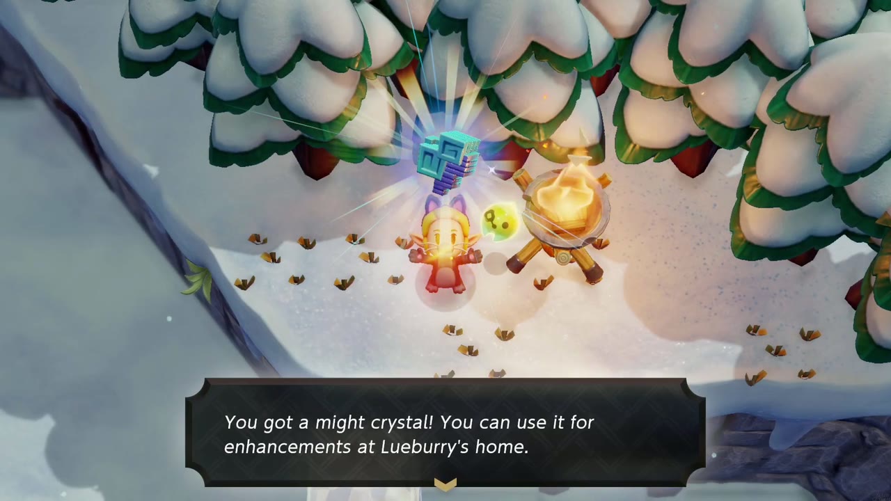 Zelda holds a might crystal overhead beside a lit Brazier echo on a snowy ledge lined with pines above Condé's house.