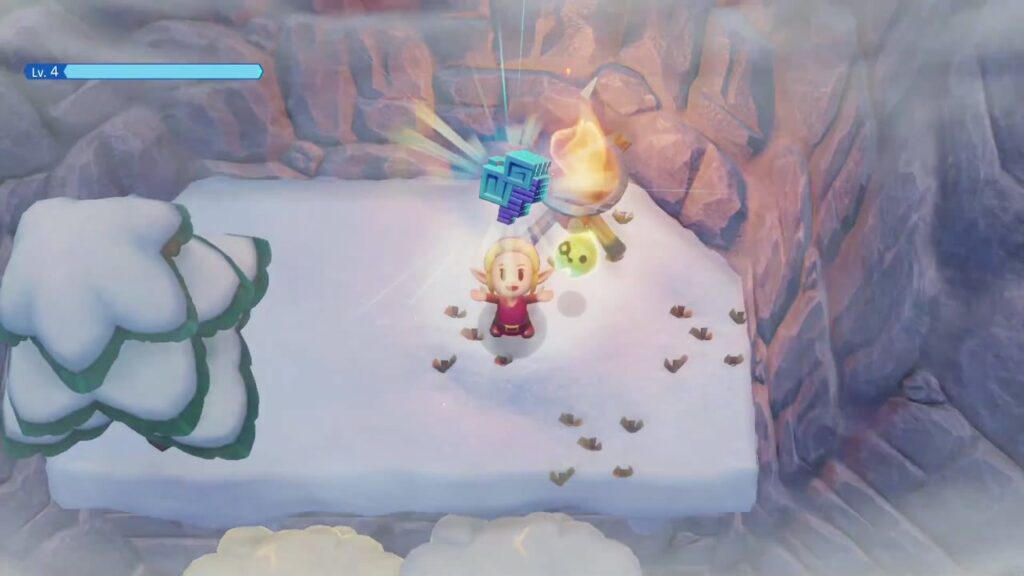Hebra Mountain: A Rift on Holy Mount Lanayru - The Legend of Zelda: Echoes of Wisdom Walkthrough 125 On a later Hebra Mountain visit, a brazier by a snowy ledge yields another Might Crystal.