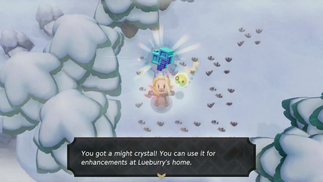 Zelda holds a might crystal overhead among snow-covered pines beside a row of wooden fence posts on Hebra Mountain.