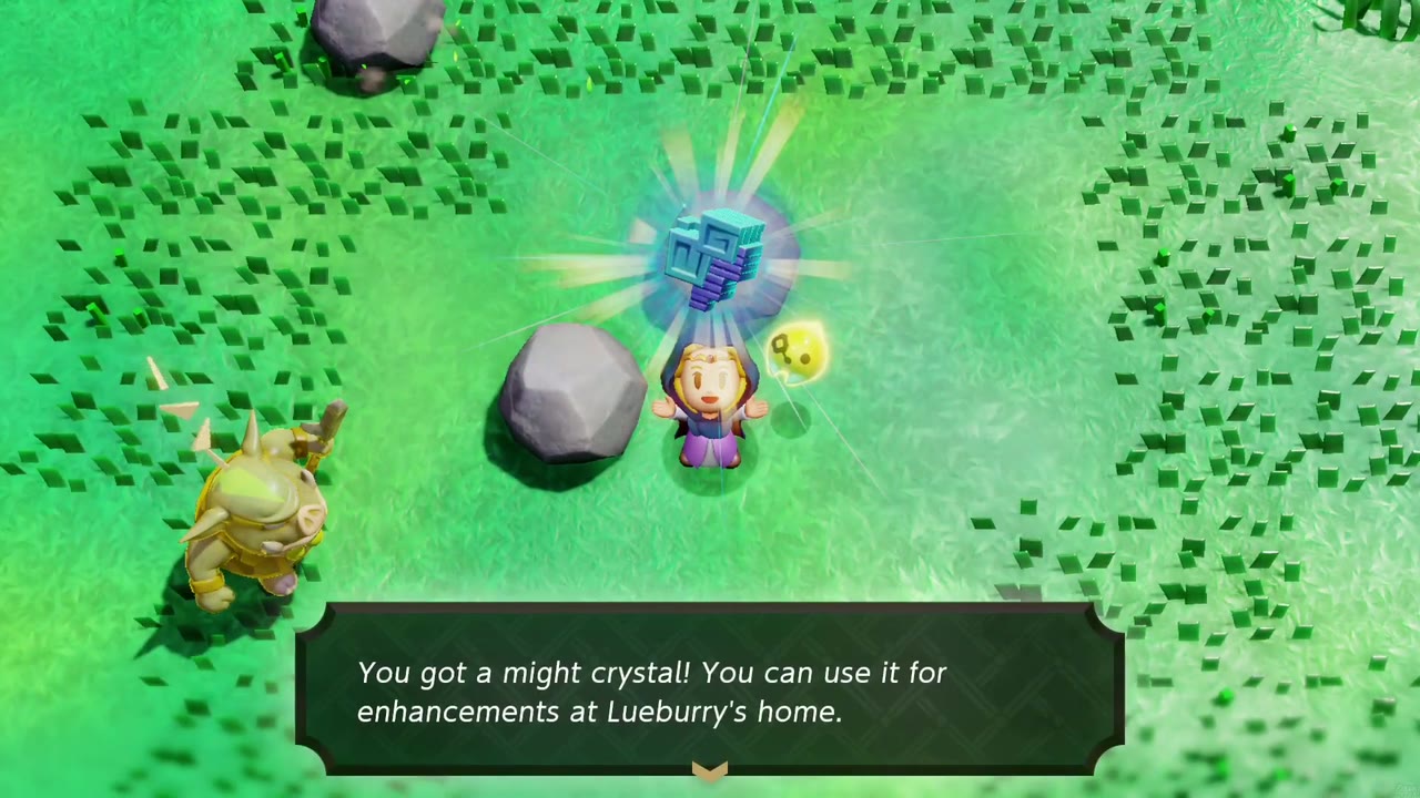 Zelda holds a might crystal overhead next to a small grey rock in a grassy meadow, the reward text box below