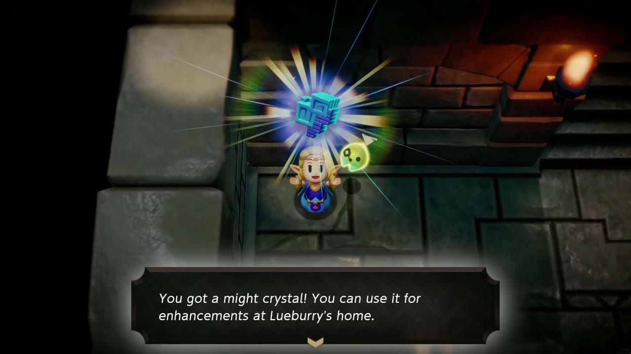 Zelda holds a might crystal overhead in a torch-lit stone cellar beneath the Hyrule Field ruins.