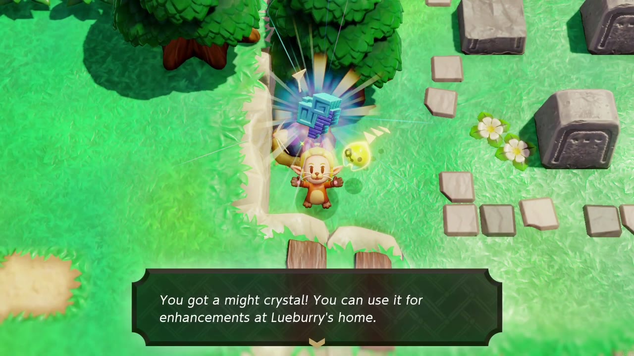 Zelda holds a might crystal overhead in Kakariko Village's graveyard, beside a tree and gravestones.