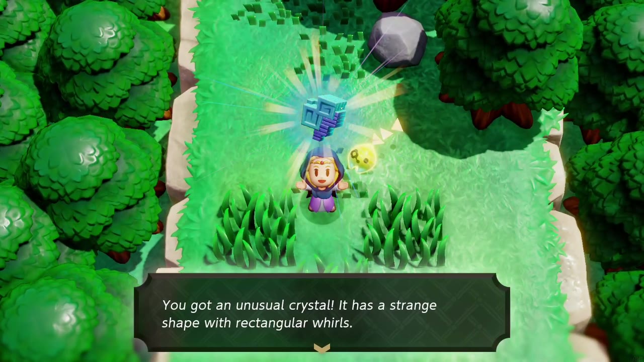 Zelda holds up an unusual crystal in a narrow walled forest clearing near Lake Hylia, a boulder beside her
