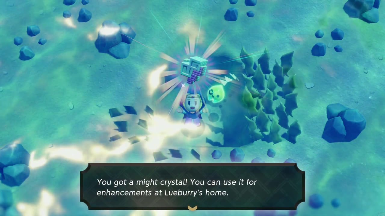 The Jabul Waters Rift - The Legend of Zelda: Echoes of Wisdom Walkthrough 112 Zelda holds up a Might Crystal found underwater in the open sea of Jabul Waters.