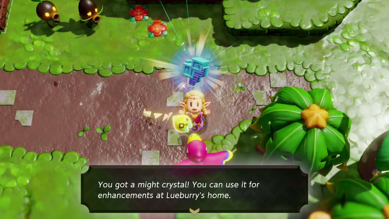 Zelda holds up a Might Crystal, the reward for Mobbing Mothulas!, usable at Lueburry's home. Zelda holds up a Might Crystal, the reward for Mobbing Mothulas!, usable at Lueburry's home.