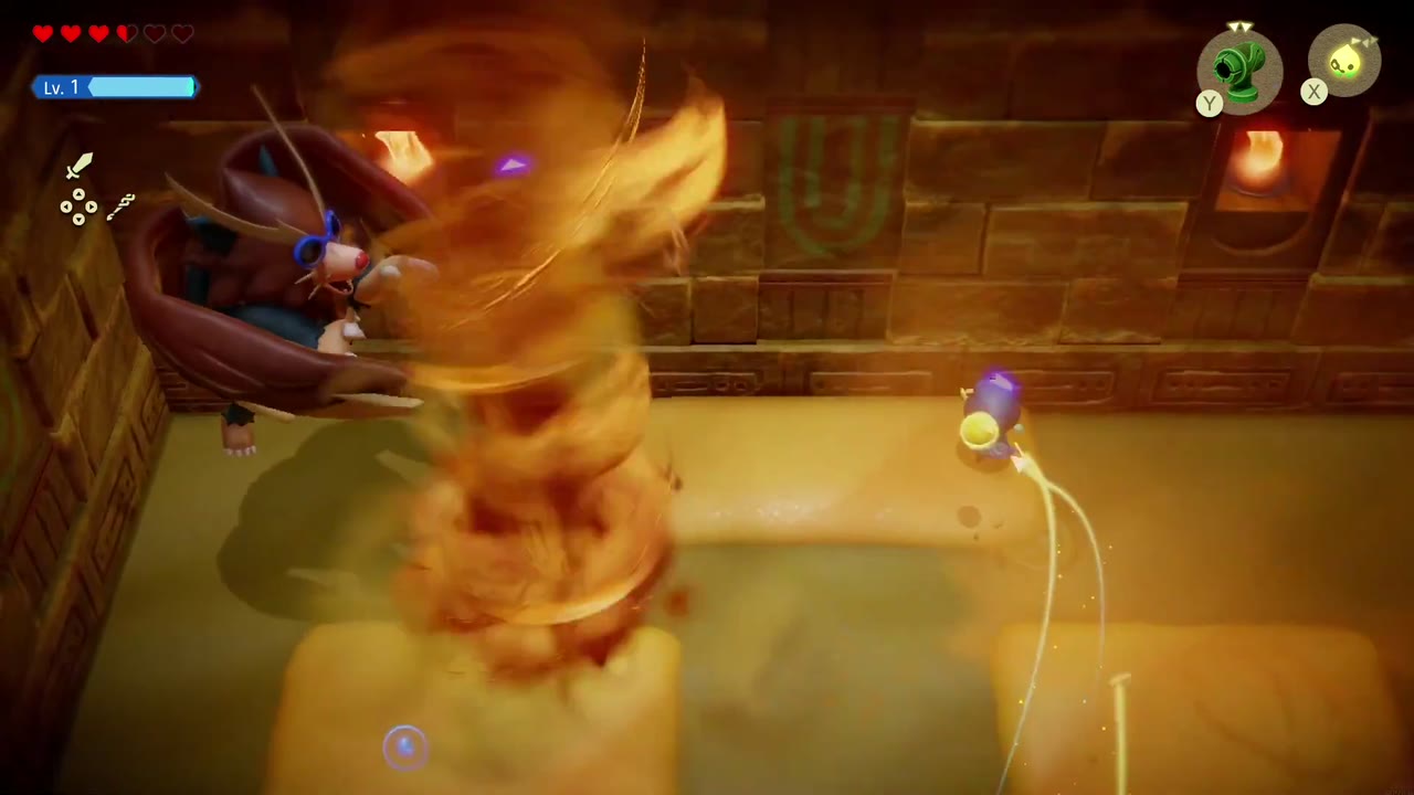 Gerudo Sanctum Dungeon - The Legend of Zelda: Echoes of Wisdom Walkthrough 139 Winged Mogryph whips up a sand tornado while Zelda dodges on the raised sand blocks of the arena.