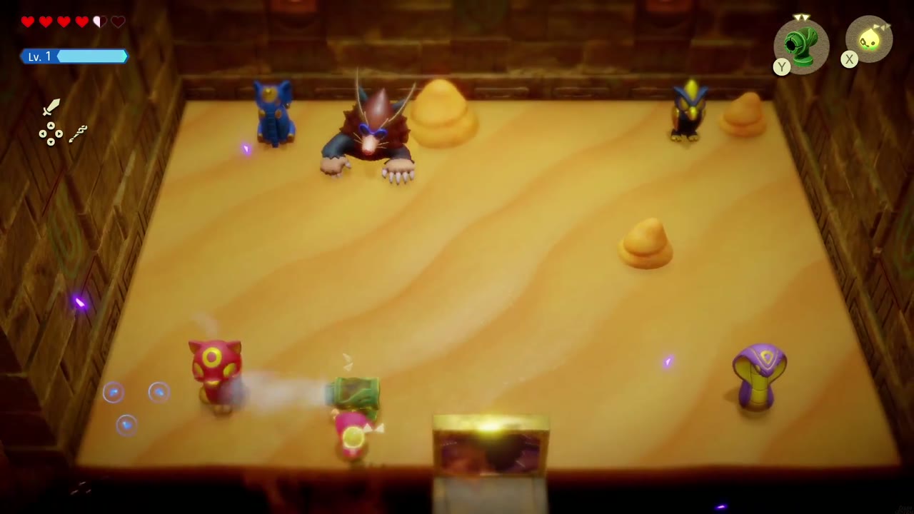 Gerudo Sanctum Dungeon - The Legend of Zelda: Echoes of Wisdom Walkthrough 136 Mogryph pokes out of the sand in the Gerudo Sanctum boss arena as Zelda sets down a Wind Cannon echo.