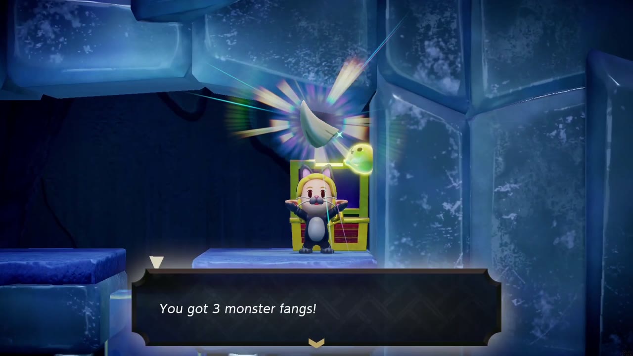 Lanayru Temple Dungeon - The Legend of Zelda: Echoes of Wisdom Walkthrough 11 Zelda holds up Monster Fangs with the box "You got 3 monster fangs!" in the side-on ice shaft.