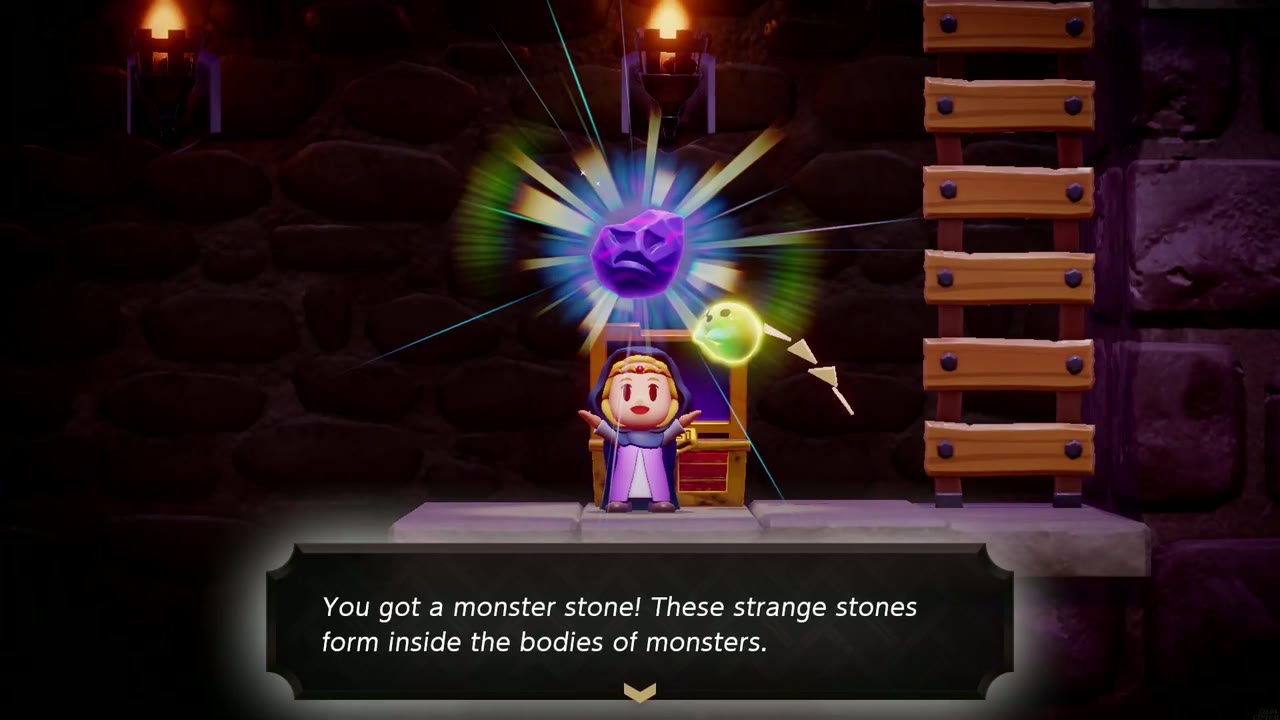 Hyrule Castle: Still Missing - The Legend of Zelda: Echoes of Wisdom Walkthrough 63 Zelda holds up a Monster Stone from the chest on the upper ledge of the side-view ladder area.