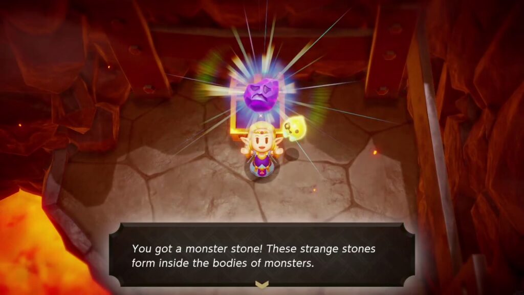 The Rift on Eldin Volcano - The Legend of Zelda: Echoes of Wisdom Walkthrough 66 Zelda holds up a monster stone from a chest reached by an Old Bed bridge in the secret passage.