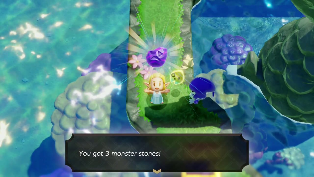 Zelda holds up 3 Monster Stones, the reward for Precious Treasure, beside the collector and her new chest. Zelda holds up 3 Monster Stones, the reward for Precious Treasure, beside the collector and her new chest.