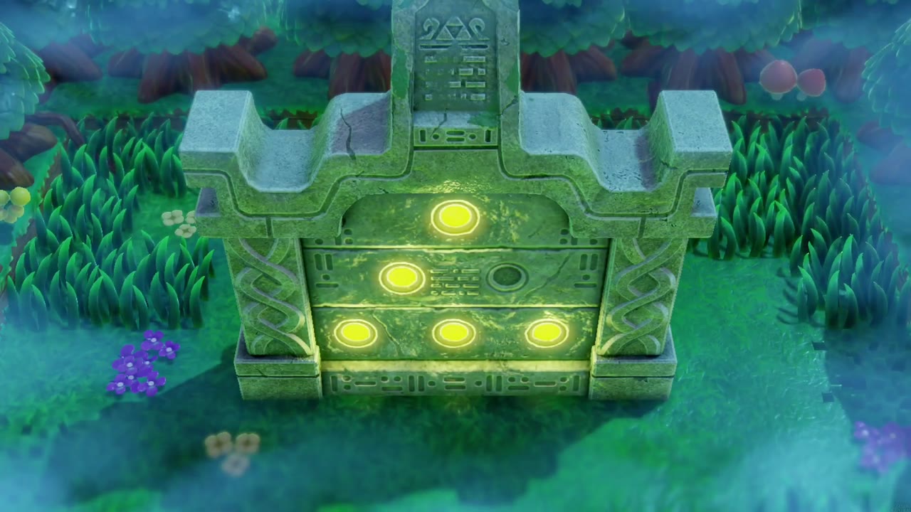 The Eternal Forest - The Legend of Zelda: Echoes of Wisdom Walkthrough 38 The Eternal Forest monument with five of its six circles lit; only the middle-right one is dark.