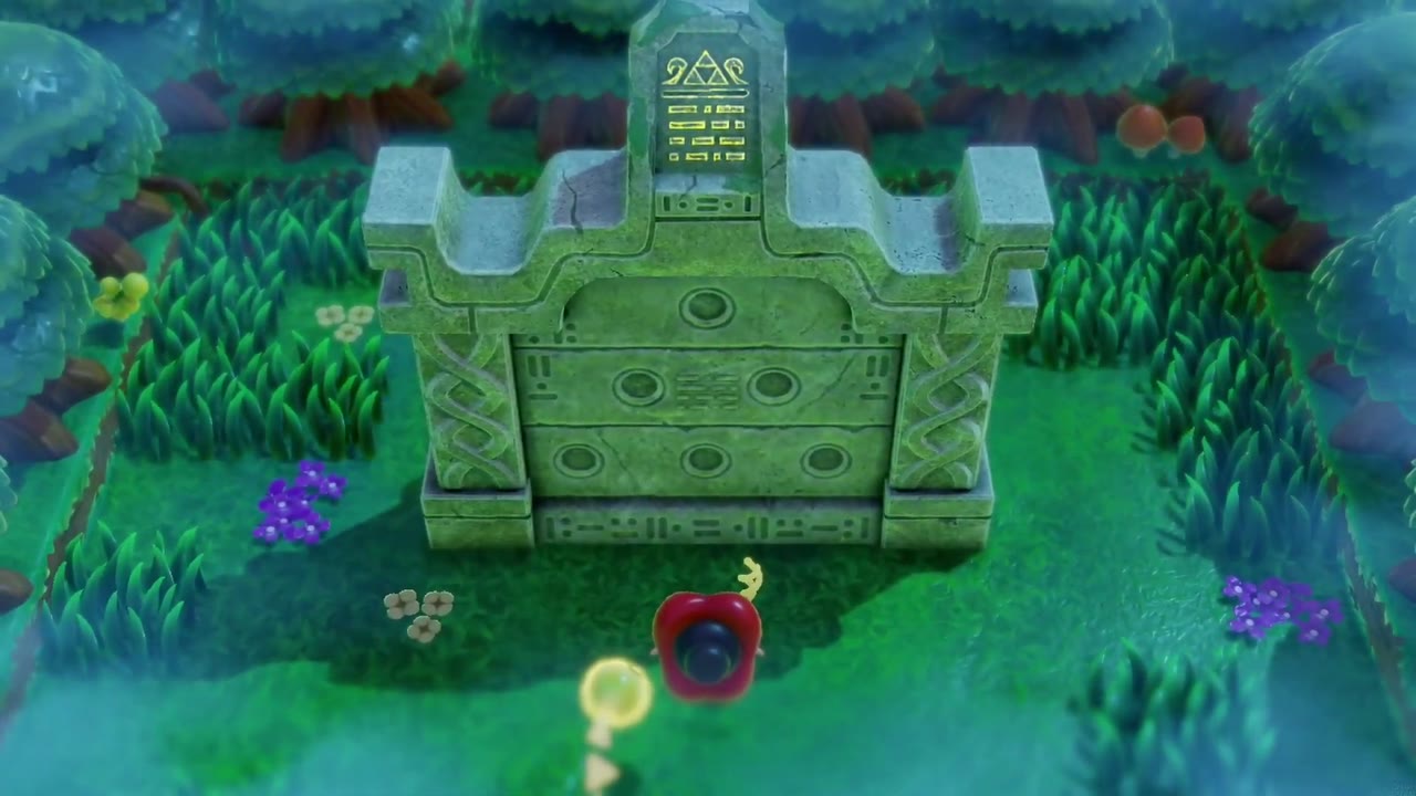 The Eternal Forest - The Legend of Zelda: Echoes of Wisdom Walkthrough 24 The risen orb monument, its face carved with six round sockets arranged in a triangle.