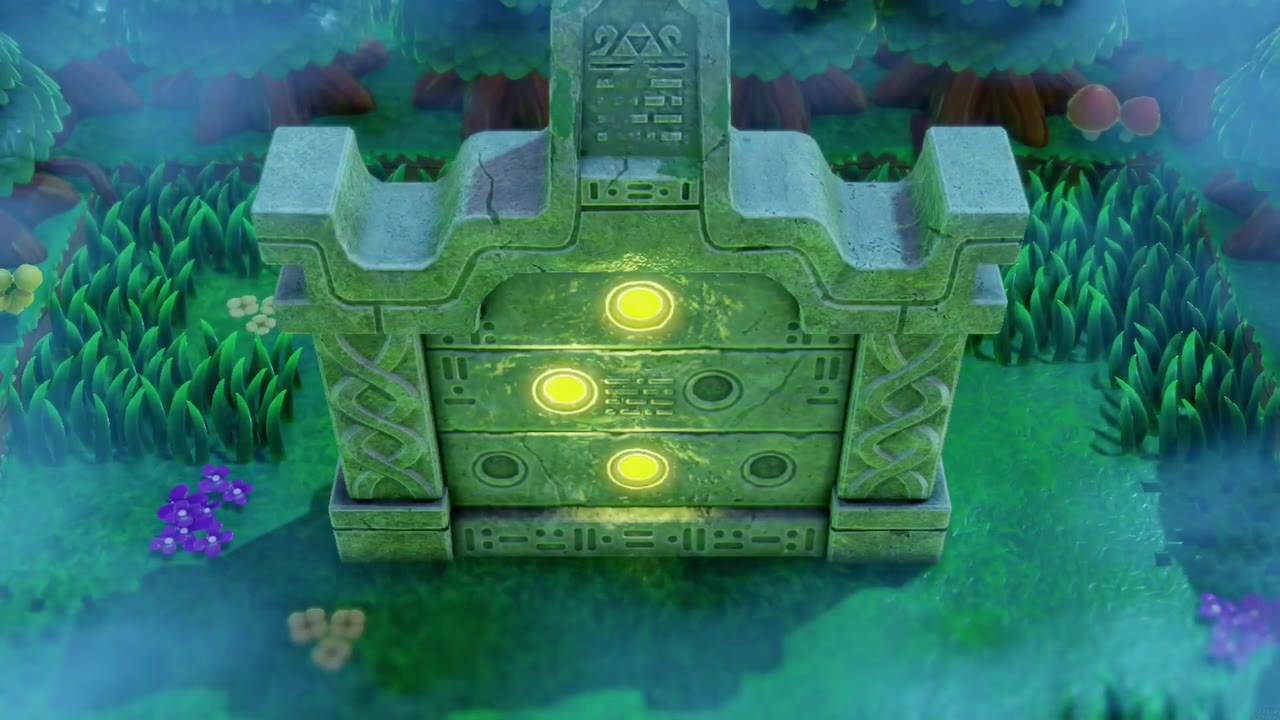 O monumento da Floresta Eterna com três de seus encaixes para orbes brilhando. O monumento da Floresta Eterna com três de seus encaixes para orbes brilhando.