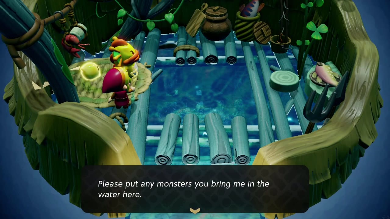 Das Zora Die Mutter bittet Zelda, alle Monster, die sie mitbringt, in den Pool ihrer Hütte zu setzen. Das Zora Die Mutter bittet Zelda, alle Monster, die sie mitbringt, in den Pool ihrer Hütte zu setzen.