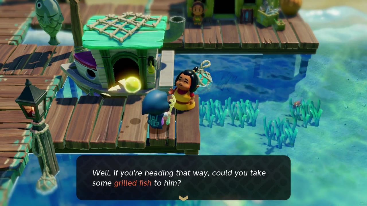 Deliver the Grilled Fish!: the Seesyde Village mother asks Zelda to take grilled fish to her son. Deliver the Grilled Fish!: the Seesyde Village mother asks Zelda to take grilled fish to her son.