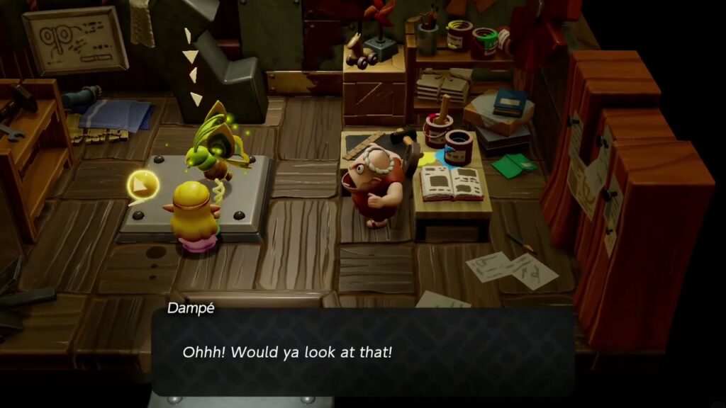 Automatons 7 Zelda summons a Mothula echo on the studio pedestal; Dampé: "Ohhh! Would ya look at that!"