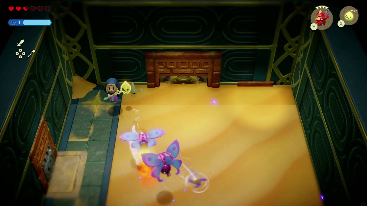 Gerudo Sanctum Dungeon - The Legend of Zelda: Echoes of Wisdom Walkthrough 33 Pink Mothulas swoop at Zelda in the locked sand-floor room as her Boomerang Boarblin fights back.