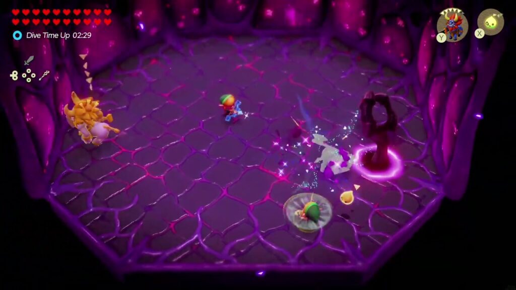 Null's Body: Final Dungeon - The Legend of Zelda: Echoes of Wisdom Walkthrough 49 With Null sunk out of sight, a red arm reaches up from a glowing ring in the arena floor.