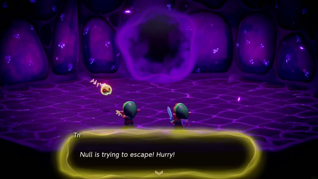 Null's Body: Final Dungeon - The Legend of Zelda: Echoes of Wisdom Walkthrough 39 Tri warns "Null is trying to escape! Hurry!" as a dark vortex opens behind Zelda and Link.