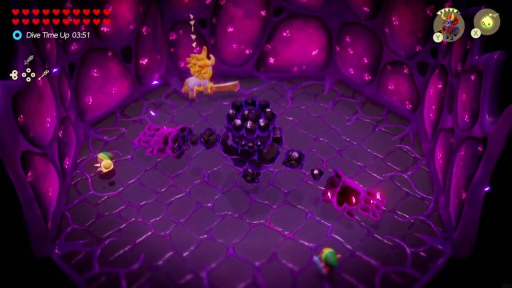 Null's Body: Final Dungeon - The Legend of Zelda: Echoes of Wisdom Walkthrough 47 A dark copy of Seismic Talus spins its rock arms across Null's red arena while Zelda's Lynel echo closes in.