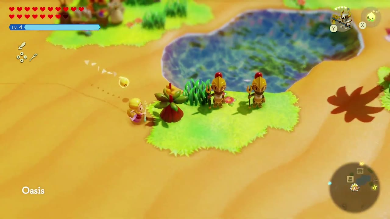 Zelda passes the Oasis pond, where Gerudo soldiers stand on the grass. Zelda passes the Oasis pond, where Gerudo soldiers stand on the grass.