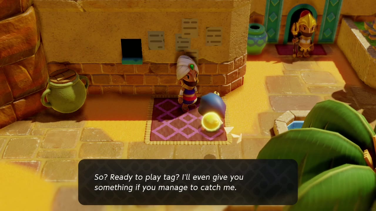 An off-duty Gerudo soldier challenges Zelda to a game of tag in Gerudo Town. An off-duty Gerudo soldier challenges Zelda to a game of tag in Gerudo Town.