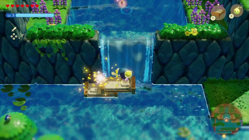 Zelda beschwört ein Altes Bett im Wasser am Fuße der Wasserfälle, um zum oberen Becken hinaufzusteigen.