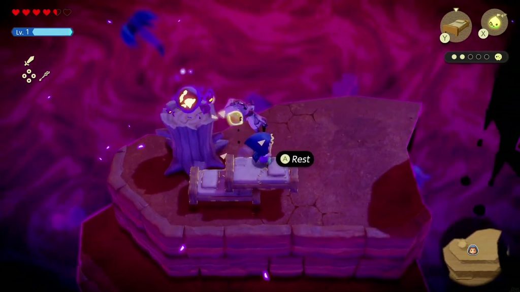 A Rift in the Gerudo Desert - The Legend of Zelda: Echoes of Wisdom Walkthrough 77 Zelda stands on an Old Bed placed against the stump to reach the trapped Tri friend on top.