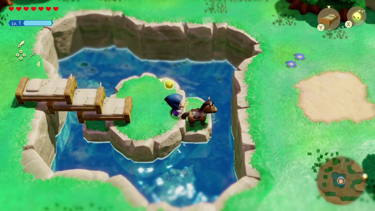 Runaway Horse - The Legend of Zelda: Echoes of Wisdom Walkthrough 12 A row of Old Bed echoes stretches from the pond island toward the bank.