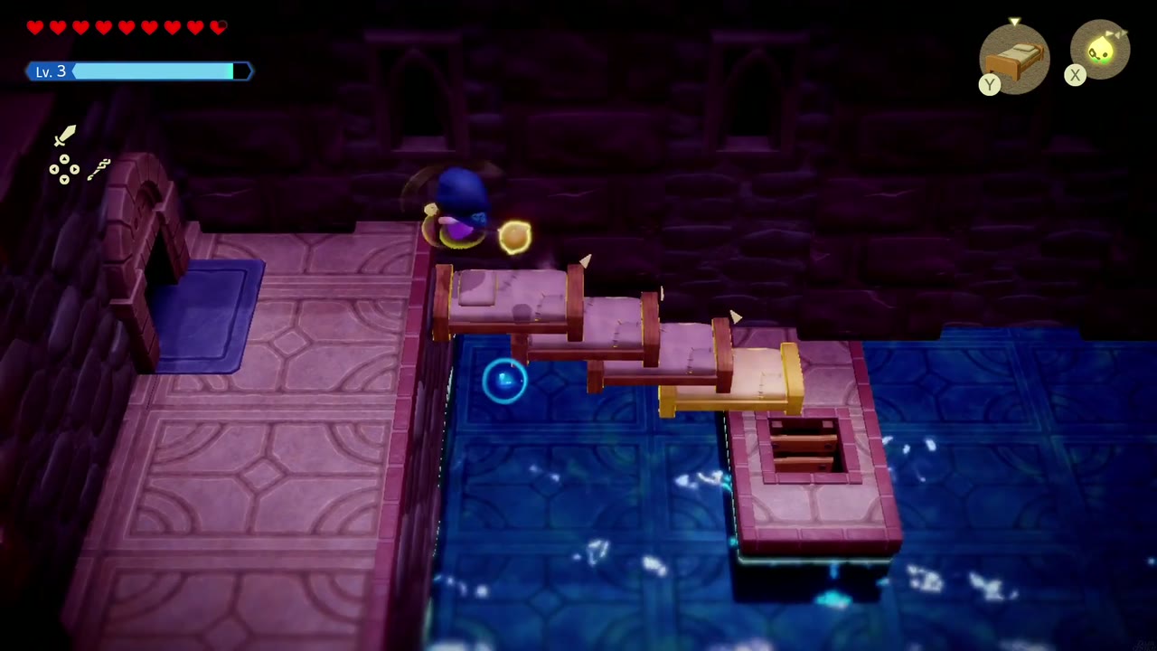 Hyrule Castle: Still Missing - The Legend of Zelda: Echoes of Wisdom Walkthrough 87 A row of Old Bed echoes bridges the water from the west ledge to the hatch block in the flooded room.