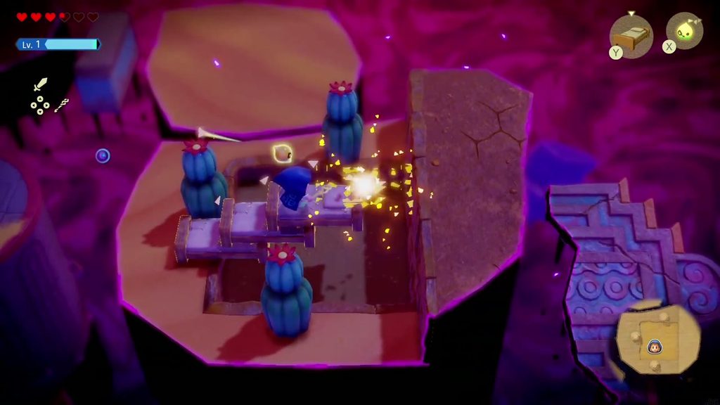 Gerudo Sanctum Dungeon - The Legend of Zelda: Echoes of Wisdom Walkthrough 72 Zelda lays Old Bed echoes across the sand pit between the cacti to reach the far side.