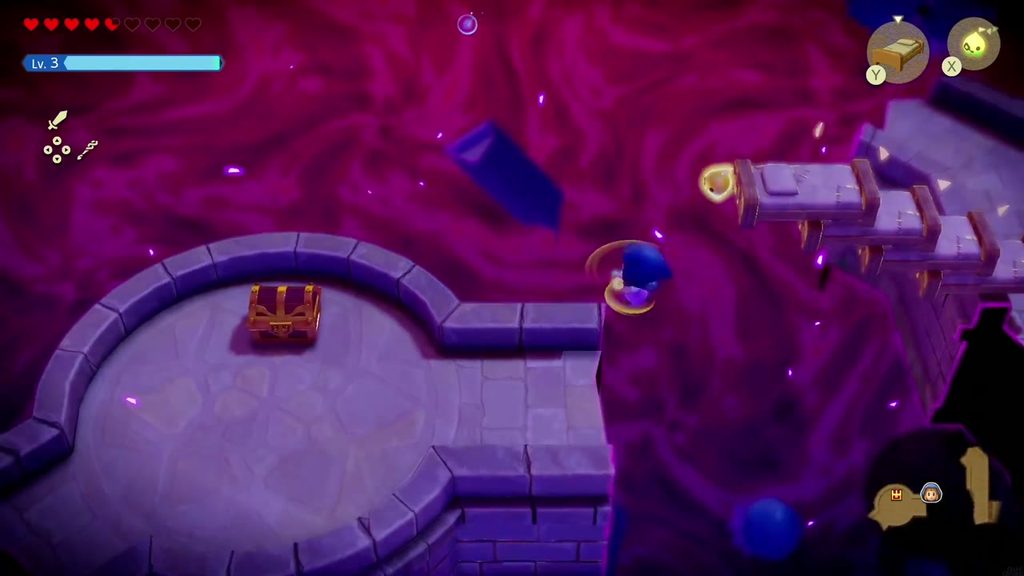 Hyrule Castle: Still Missing - The Legend of Zelda: Echoes of Wisdom Walkthrough 27 Old Beds bridge from the wall top west to a round floating platform holding a chest.