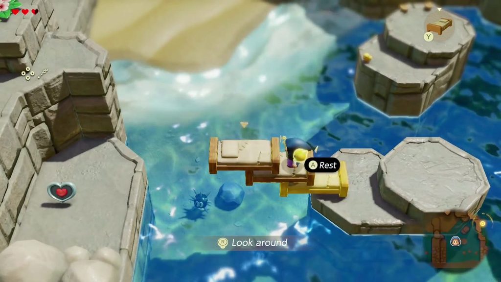 The Mysterious Rifts in Suthorn Forest - The Legend of Zelda: Echoes of Wisdom Walkthrough 31 Zelda bridges between tide-pool pillars on Suthorn Beach with Old Bed echoes