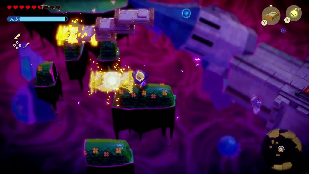Hyrule Castle: Still Missing - The Legend of Zelda: Echoes of Wisdom Walkthrough 22 Zelda lays Old Bed echoes as bridges between the floating shrubs to reach the far side.