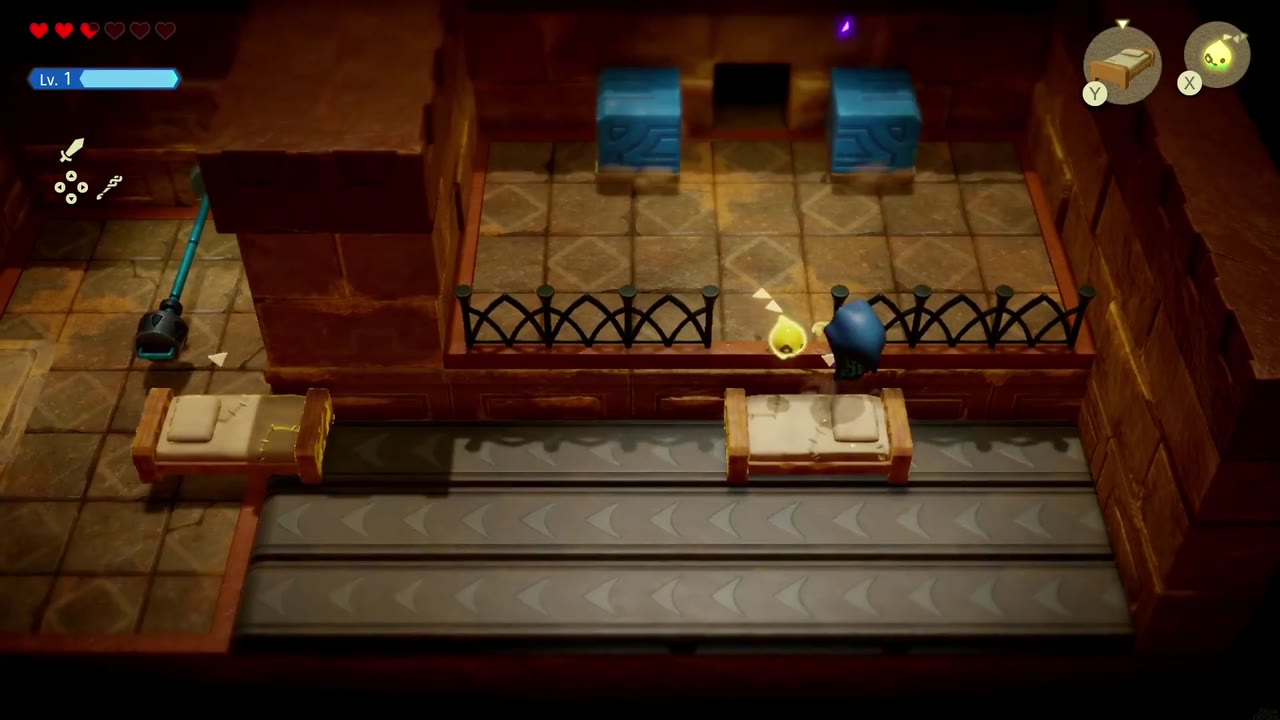 Gerudo Sanctum Dungeon - The Legend of Zelda: Echoes of Wisdom Walkthrough 23 Zelda climbs from an Old Bed echo on the conveyor over the fence onto the upper ledge.