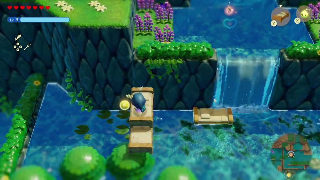 The Jabul Waters Rift - The Legend of Zelda: Echoes of Wisdom Walkthrough 90 Zelda uses Old Bed echoes as steps to climb a Zora River ledge toward the upper waterfall pool.