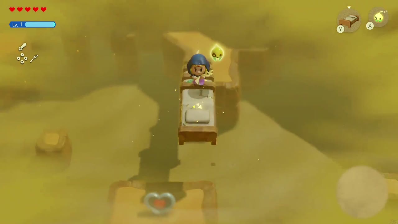 A Rift in the Gerudo Desert - The Legend of Zelda: Echoes of Wisdom Walkthrough 117 Zelda walks out on an Old Bed placed off the ledge, above the Piece of Heart block