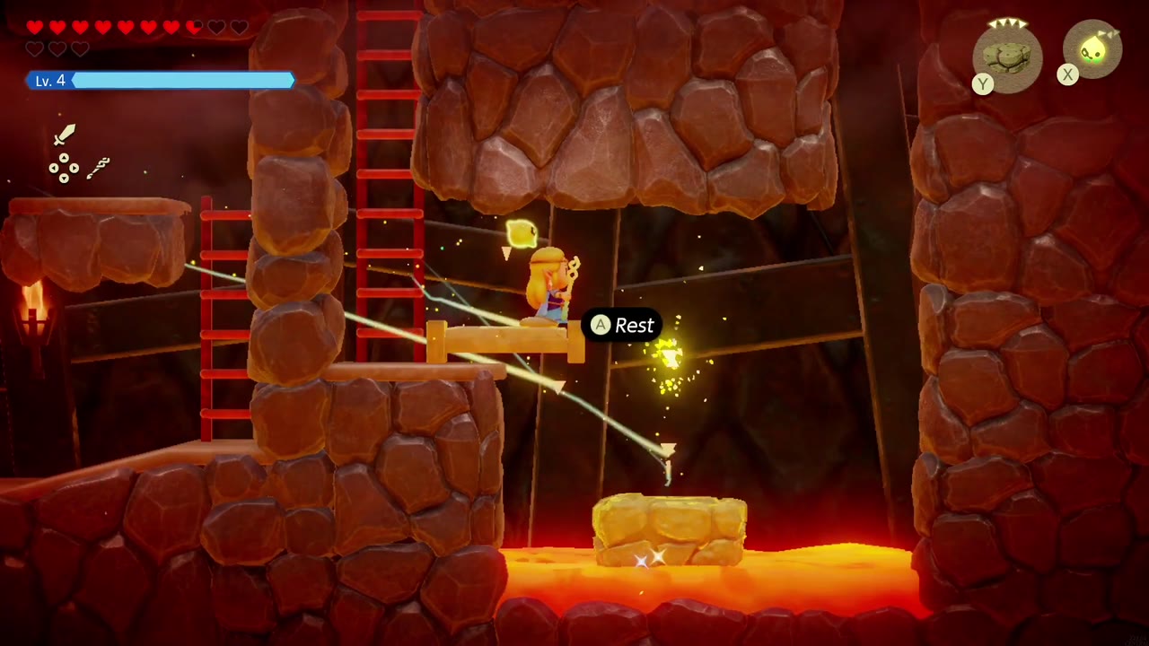 A Mountainous Mystery - The Legend of Zelda: Echoes of Wisdom Walkthrough 21 Zelda drops an Old Bed echo onto the lava as a floating raft in the side-view cave.