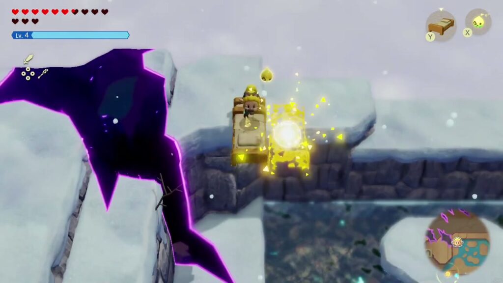 Hebra Mountain: A Rift on Holy Mount Lanayru - The Legend of Zelda: Echoes of Wisdom Walkthrough 58 Zelda stacks Old Bed echoes against a cliff beside a rift's purple edge to climb higher.