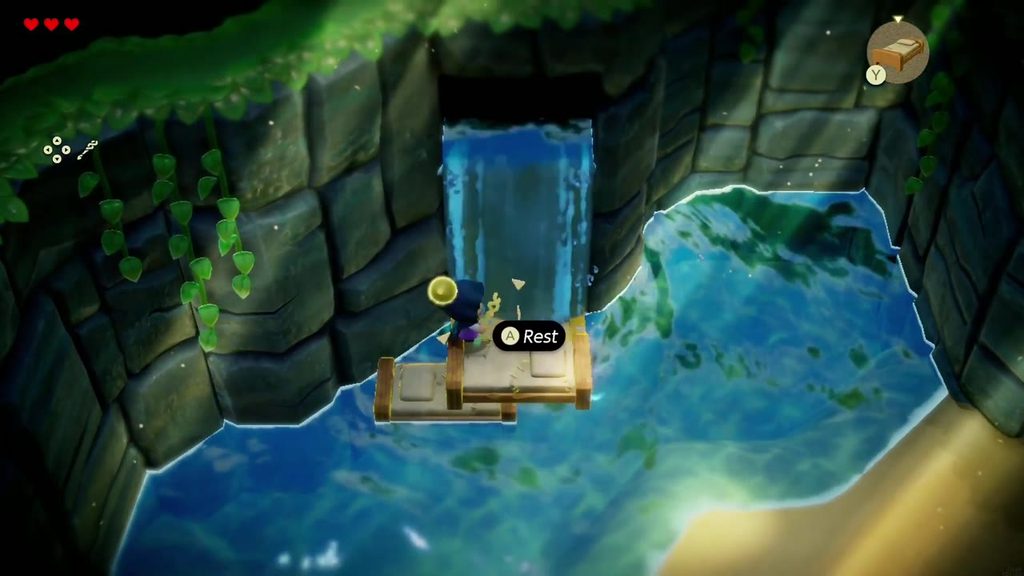 Zelda climbs a stack of Old Bed echoes on the water to get out of the waterfall basin