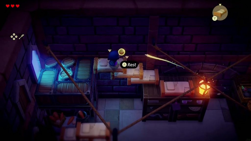 Zelda climbs a short staircase of Old Bed echoes across the final gap of the Hyrule Castle barracks