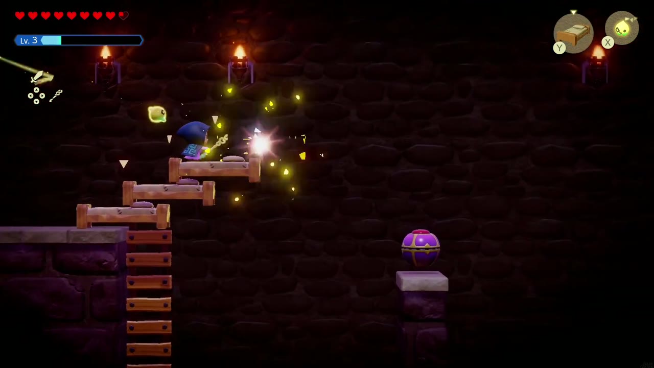 Hyrule Castle: Still Missing - The Legend of Zelda: Echoes of Wisdom Walkthrough 102 Zelda stacks Old Beds into steps past the second Gustmaster's wind to reach the ladder.